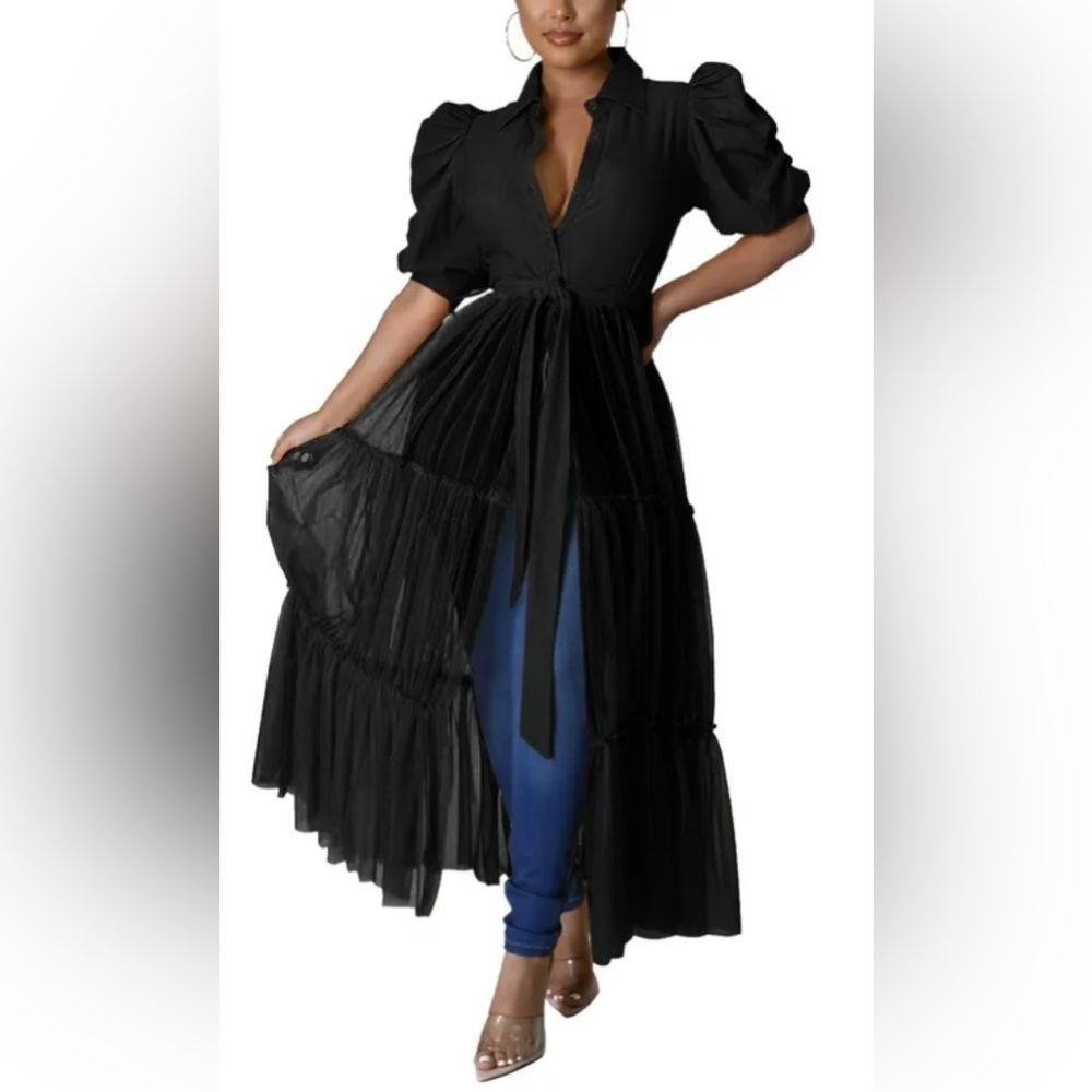 Women’s High-Low Puff Sleeve Maxi Dress - Black